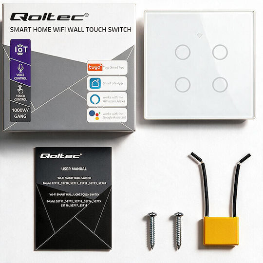Qoltec Wall-Mounted Quadruple Wi-Fi Touch Wall Switch with White Frame