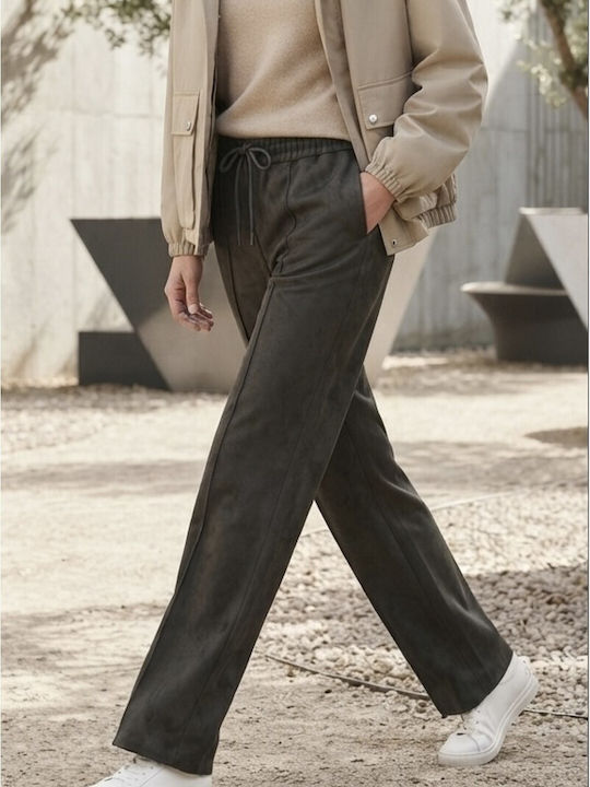 Women's Fabric Trousers with Elastic Waist Brown