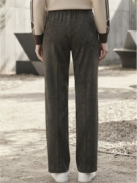 Women's Fabric Trousers with Elastic Waist Khaki