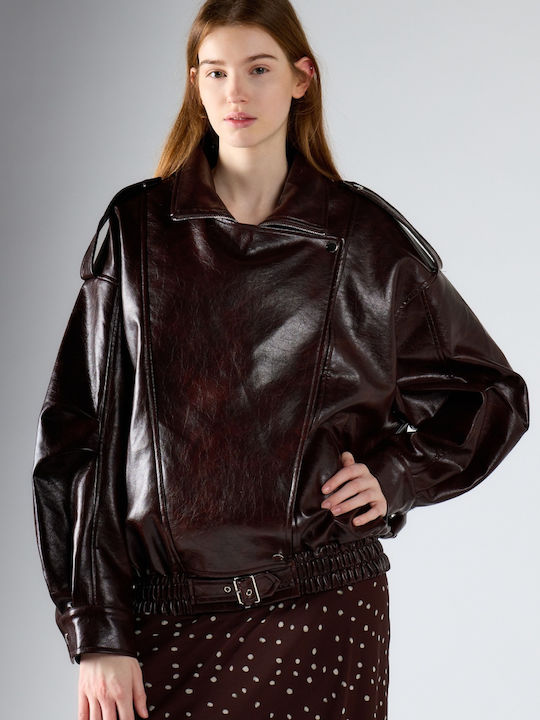 Glamorous Leather Women's Biker Jacket Deep Mahogany