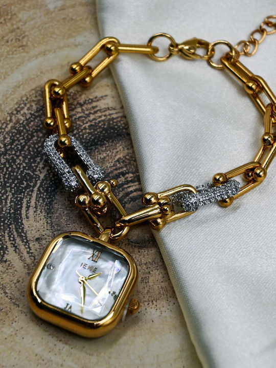 Damenuhr 50 mm mit Batterie und goldenem Edelstahlarmband