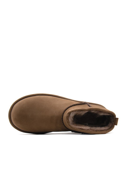 Classic Ultra Mini Leather Women's Ankle Boots with Fur Brown