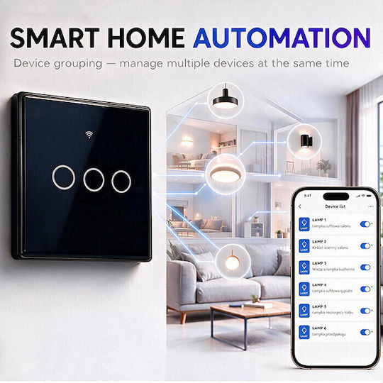 Qoltec Wall-Mounted Wi-Fi Triple Touch Wall Switch with Frame Black