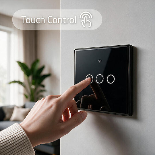 Qoltec Wall-Mounted Wi-Fi Triple Touch Wall Switch with Frame Black