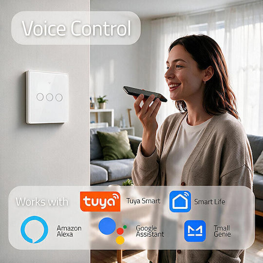 Qoltec Wall-Mounted Triple Wi-Fi Touch Wall Switch with White Frame