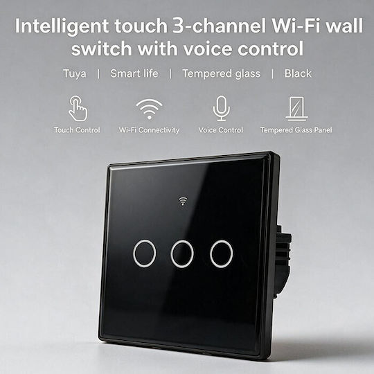 Qoltec Wall-Mounted Wi-Fi Triple Touch Wall Switch with Frame Black