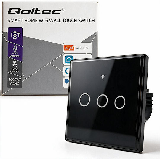 Qoltec Wall-Mounted Wi-Fi Triple Touch Wall Switch with Frame Black