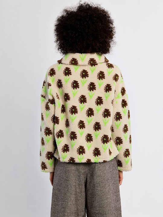 Women's Blouse with Floral Zipper Ecru