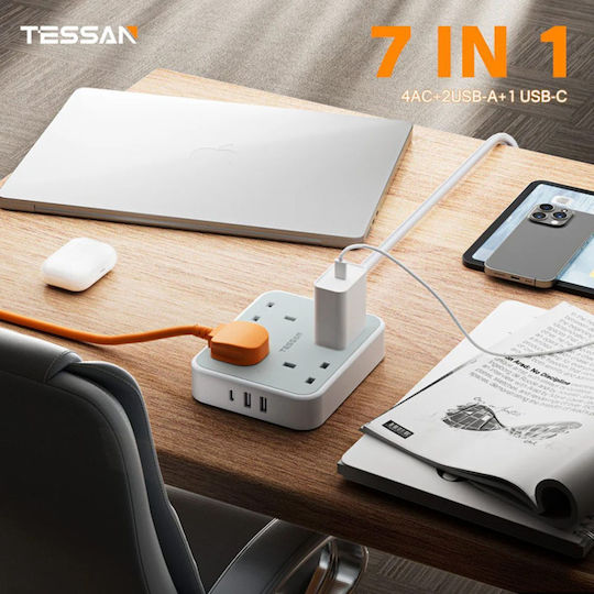 Tessan Πολύπριζο 4 Θέσεων με USB-A, 1 USB-C και Καλώδιο 2m