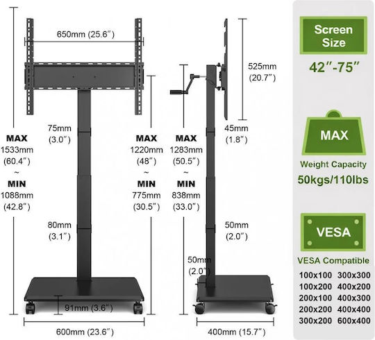 Techly Ica-tr101b Мобилна Стойка за Телевизор на Колелца, Регулируема Хоризонтално и Вертикално, Пейзажна и Портретна Ориентация, 42–75 Инча, 107–190 см, Товароносимост 50 кг, Черна
