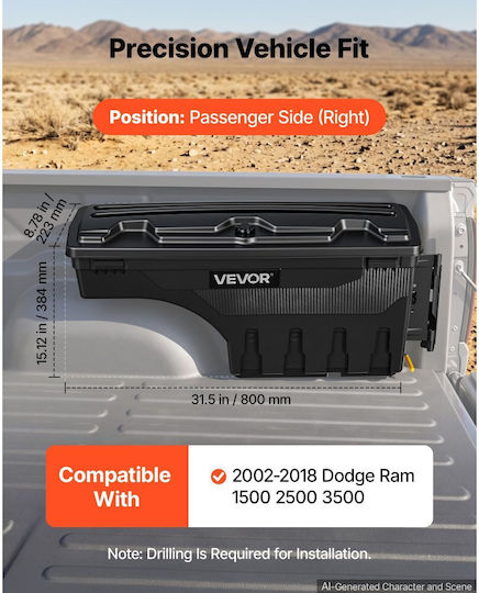 Vevor Truck Bed Storage Box, Waterproof ABS Wheel Well Toolbox, 25 L, Anti-Theft Combination Lock, Compatible with Dodge Ram 1500 2500 3500 2002–2018, Right Passenger Side, Drilling Required