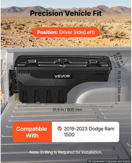 Vevor Truck Bed Storage Box Waterproof Wheel Well Tool Box ABS 25 L Anti-Theft Combination Lock Compatible with Dodge Ram 1500 2019–2023 Left Driver Side Drilling Required