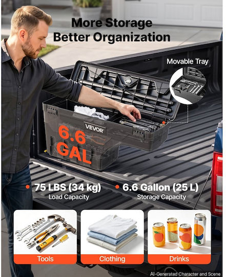 Vevor Truck Bed Storage Box Waterproof Wheel Well Tool Box ABS 25 L Anti-Theft Combination Lock Compatible with Dodge Ram 1500 2019–2023 Left Driver Side Drilling Required