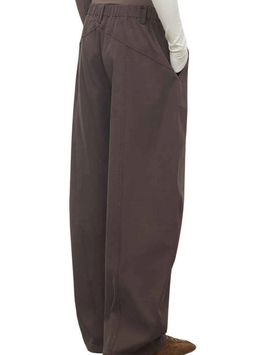 Women's Brown Fabric Trousers with Elastic Waist