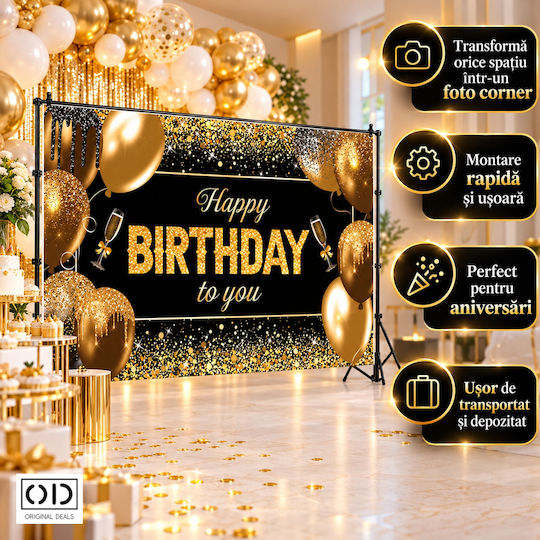 Happy Birthday To You Photo Backdrop Banner 185 X 110 Cm Polyester Canvas Black Gold Original Deals