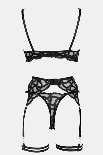Set de Lenjerie Intimă Transparent Jartiere și Mănuși Negre