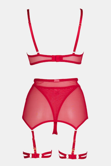 Dessous-Set mit Bügeln, Strass, Strapsen & Handschuhen Rot