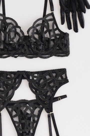 Set de Lenjerie Intimă Transparent Jartiere și Mănuși Negre
