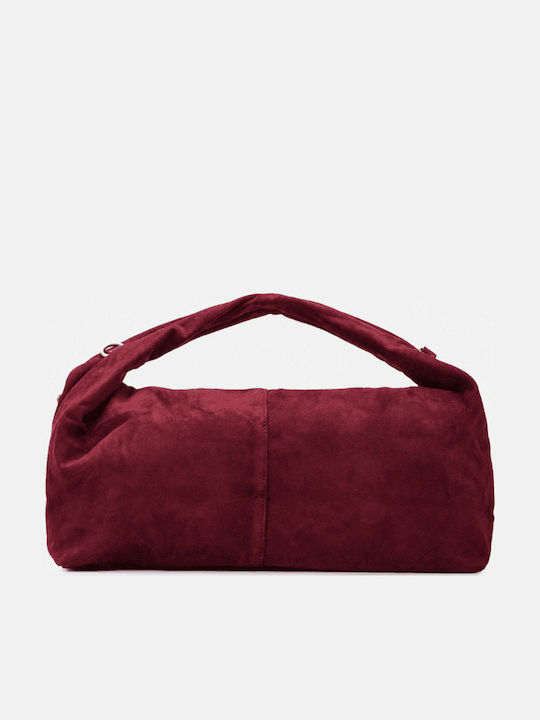 Burgunderfarbene Damen-Schultertasche aus Stoff und Wildleder