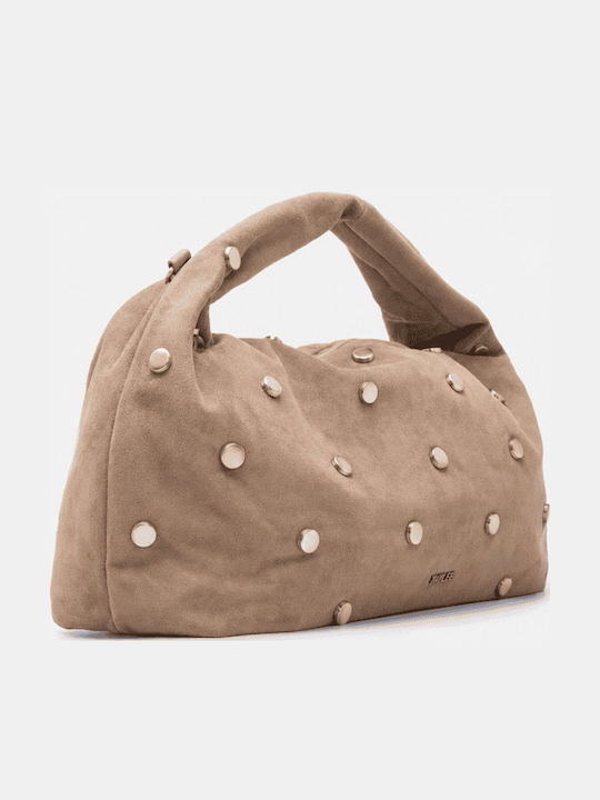 Damen-Schultertasche Aus Stoff Suede Dunkelbeige