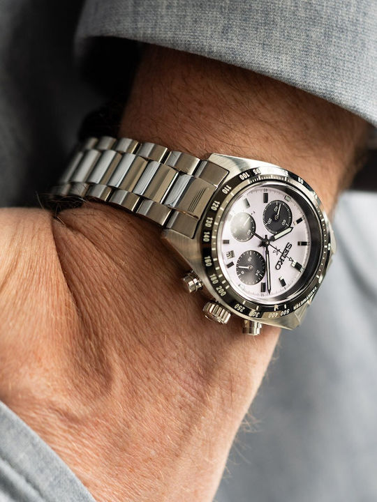 Speedtimer Мъжки часовник 39 mm Хронограф със соларен механизъм и сребриста стоманена гривна