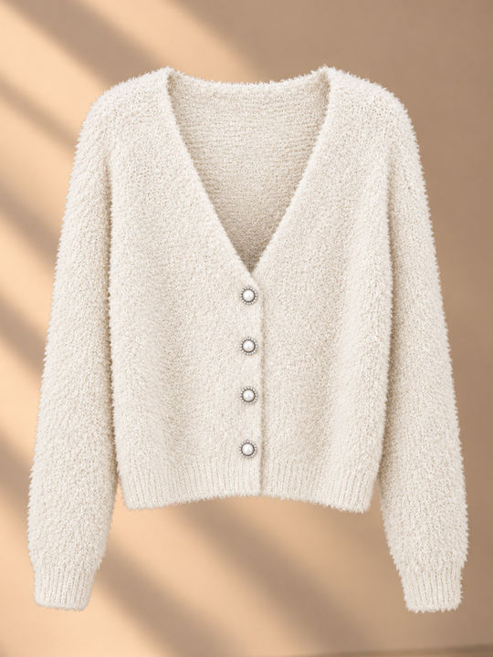 Kurze Gestrickte Damenjacke mit Knöpfen Off-White