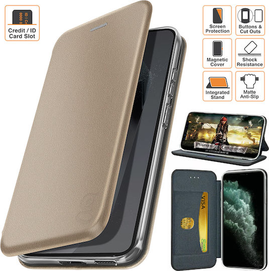 Магнитен Калъф за Книга Xiaomi Redmi Note 8 Pro Вътрешен Джоб Карти Златен
