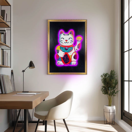 "lucky Cat" Painting Neon with LED Lighting 50x70 cm