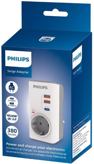 Philips Chp8010w/grs Μονόπριζο με USB-A και 1 USB-C
