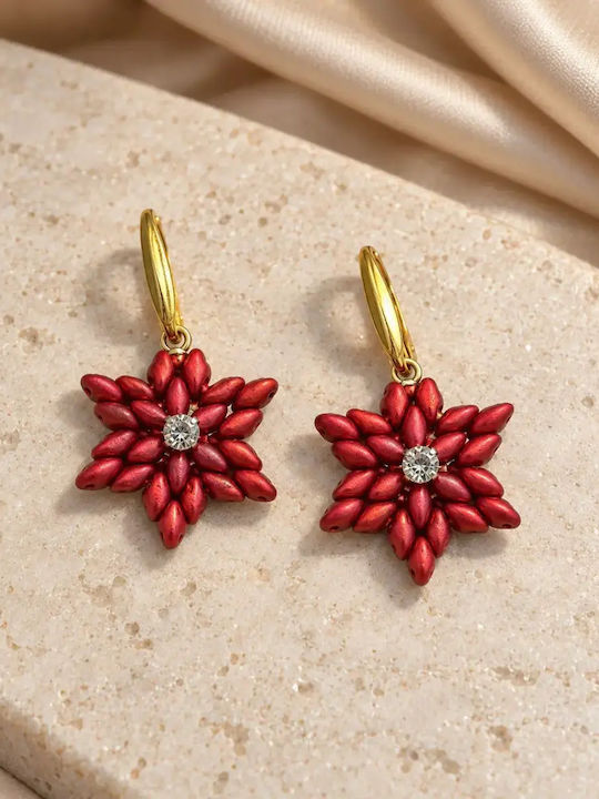 Festive Red Snowflake Beaded Hoop Earrings