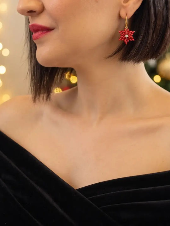 Festive Red Snowflake Beaded Hoop Earrings