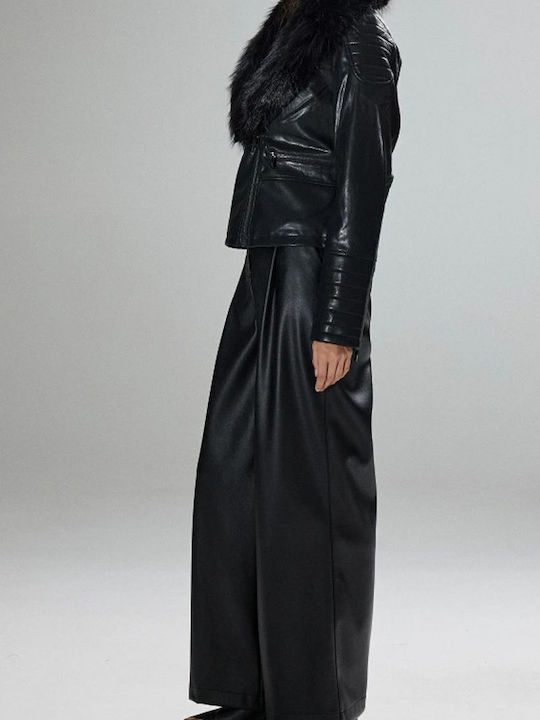 Black Leather Women's Winter Jacket