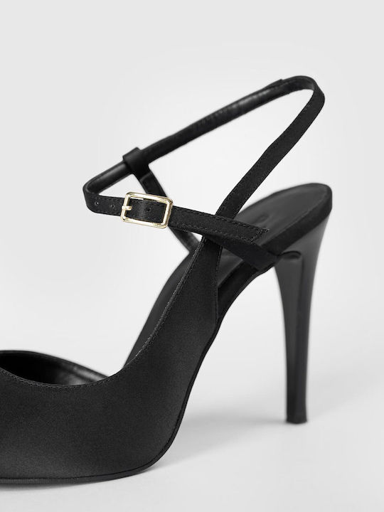 Pointed Toe Satin Heels with Strap Black