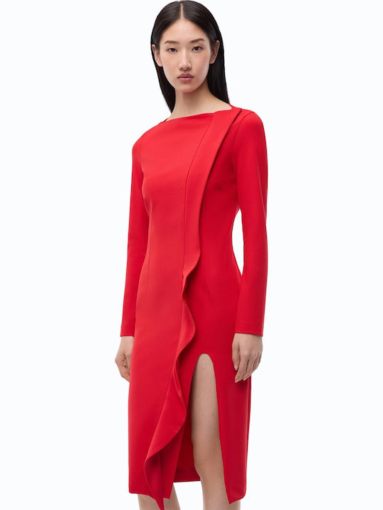 Pinko Rochie de Seară Midi din Satin, cu Spatele Gol și Despicătură, Roșie