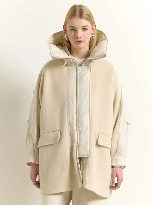 Wool Women's Coat Cold Cream with Hood