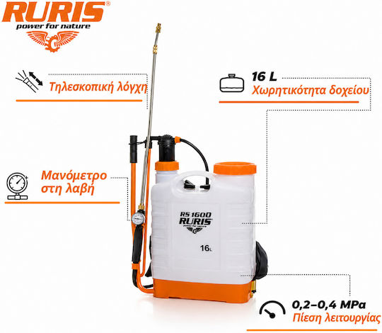 Ruris Rs 1600 – Manual Backpack Sprayer 16 L Transparent Tank Telescopic Metal Lance
