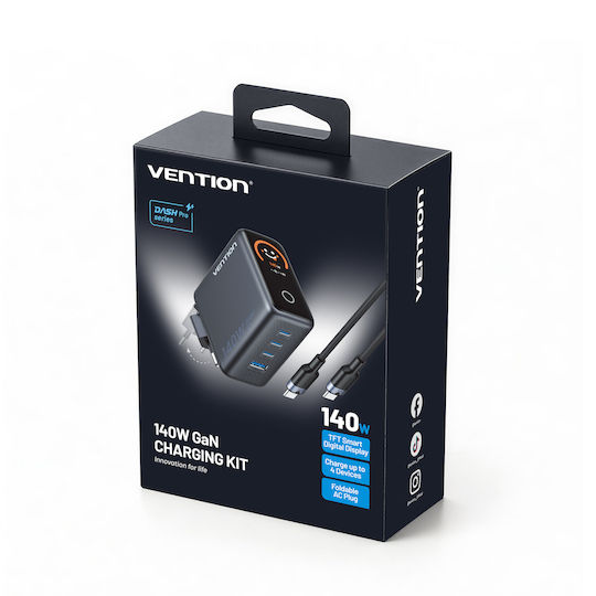 Vention Vention GaN Handyladegerät mit USB-A Ausgangsanschluss und 3 USB-C Ausgangsanschlüsse 140W Stromlieferung Schwarz