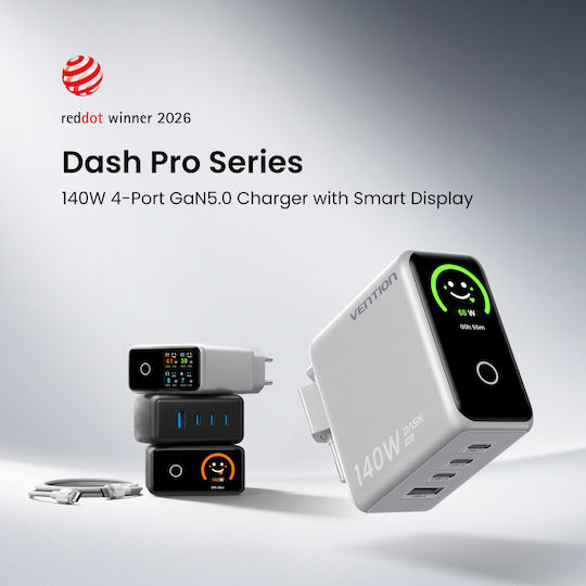 Vention Vention GaN Handyladegerät mit USB-A Ausgangsanschluss und 3 USB-C Ausgangsanschlüsse 140W Stromlieferung Schwarz