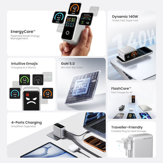 Vention Vention GaN Handyladegerät mit USB-A Ausgangsanschluss und 3 USB-C Ausgangsanschlüsse 140W Stromlieferung Schwarz