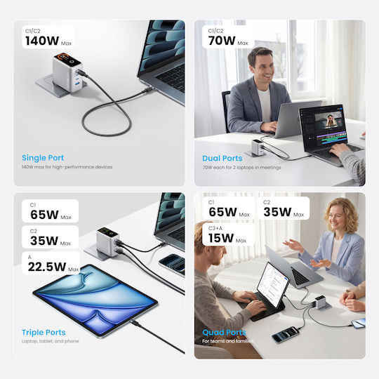 Vention Vention GaN Handyladegerät mit USB-A Ausgangsanschluss und 3 USB-C Ausgangsanschlüsse 140W Stromlieferung Schwarz