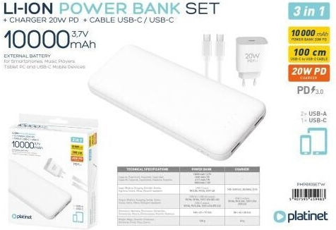 Platinet Powerbank Set 10000 mAh 20 W mit 2 USB-A-Anschlüssen und USB-C-Anschluss mit Power Delivery Weiß