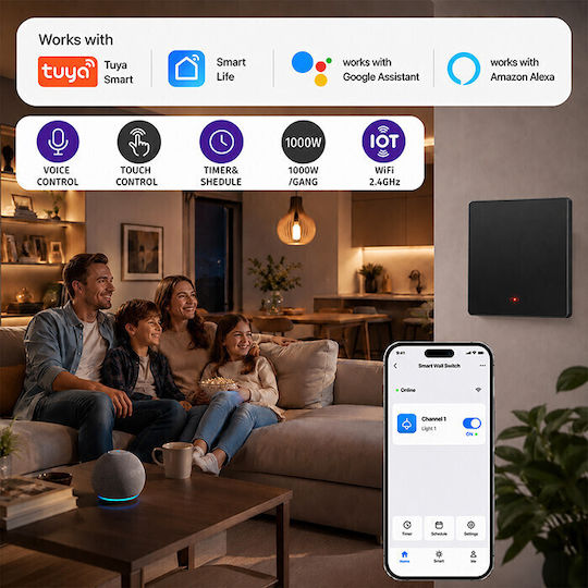 Qoltec Wall-Mounted Single Wi-Fi Wall Switch with Black Frame