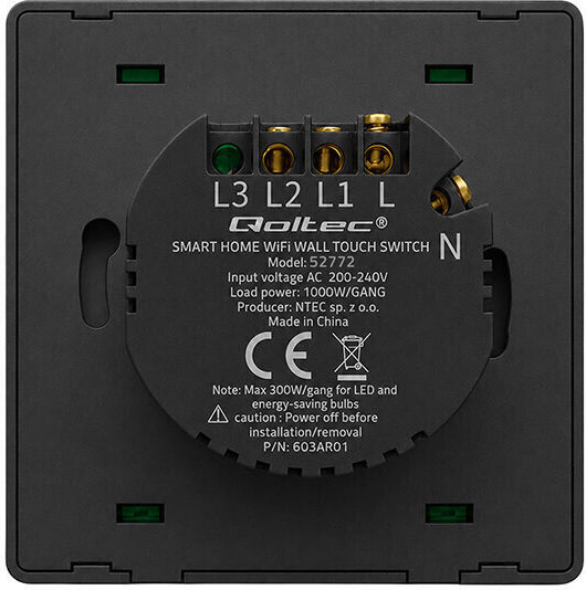 Qoltec Wall-Mounted Single Wi-Fi Wall Switch with Black Frame