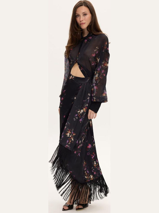 Midi Floral Envelope Skirt Black