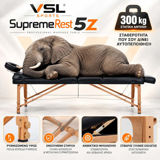 VSL Sports Supremerest 5Z Сгъваемо Дървено Легло за Физиотерапия, Черно, 185x70 см