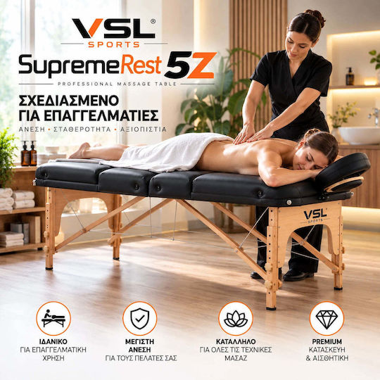 VSL Sports Supremerest 5Z Сгъваемо Дървено Легло за Физиотерапия, Черно, 185x70 см