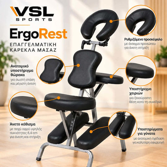 VSL Sports ErgoRest Tragbarer/Zusammenklappbarer Physiotherapiestuhl aus schwarzem Metall