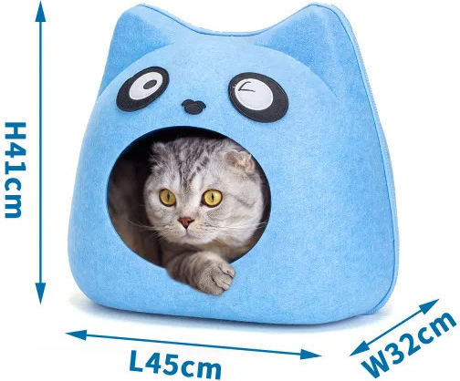 Căsuță pentru Pisici din Fetru cu Model Panda Albastră 45×32×41 Cm