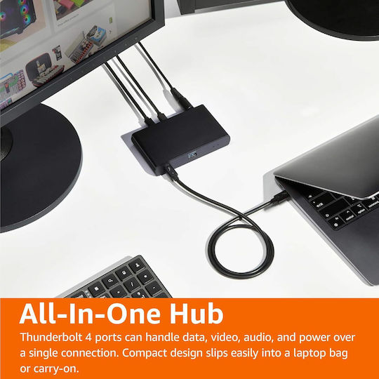 Amazon Basics Thunderbolt 4 / USB-C докинг станция с 4K, PD и свързване на 2 екрана, черна (B0CPT7WSSF)