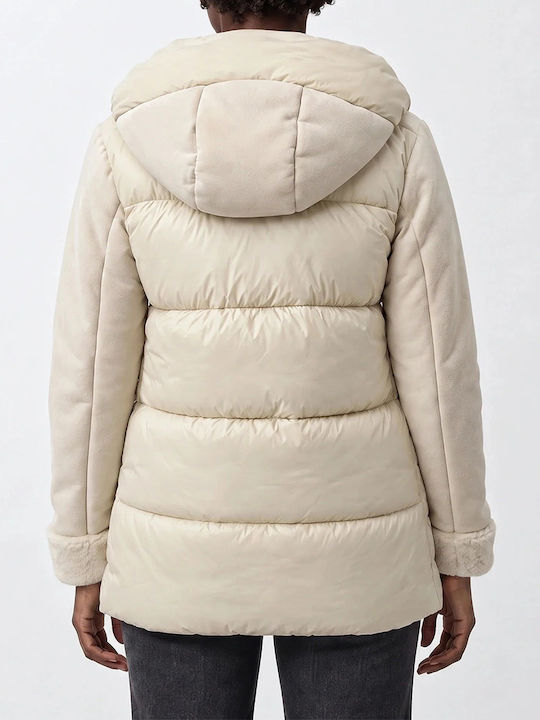 Γυναικείο Puffer Μπουφάν για Χειμώνα Cream